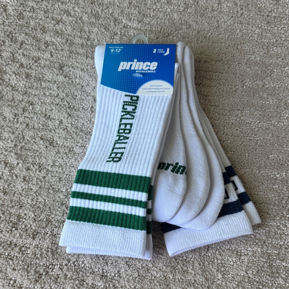 Prince White Socks with Green Stripes pickleball